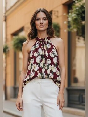PEYTON BRE Burgundy A-Line Sleeveless Floral Top Sz 12 Lg NWT Cottagecore